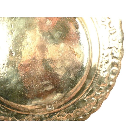 Round Serving Tray Silver Plated Footed Hammered Texture Finish 2 Recessed Areas - Picture 6 of 10